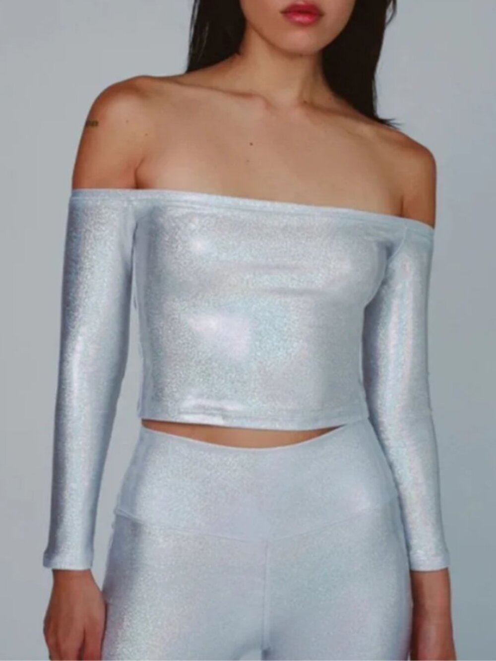 The Mighty Company Iridescent Holographic Metallic Off Shoulder Crop Top M NWT